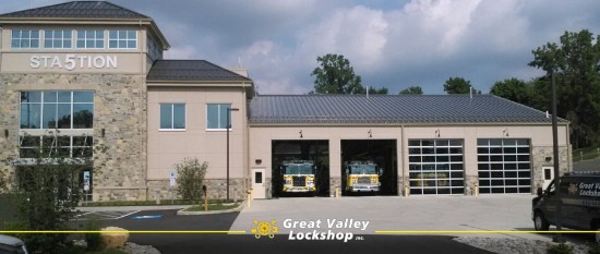 FronEast Whiteland Fire station in Pennsylvania with a Great Valley Lockshop van in front.