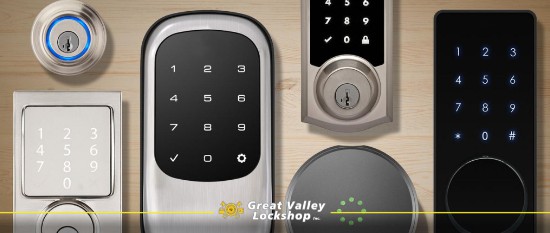 different smart lock types laid on a table